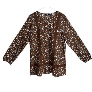 Lands End Cotton Tunic Large Brown White Floral Lace Detail Long Sleeves New